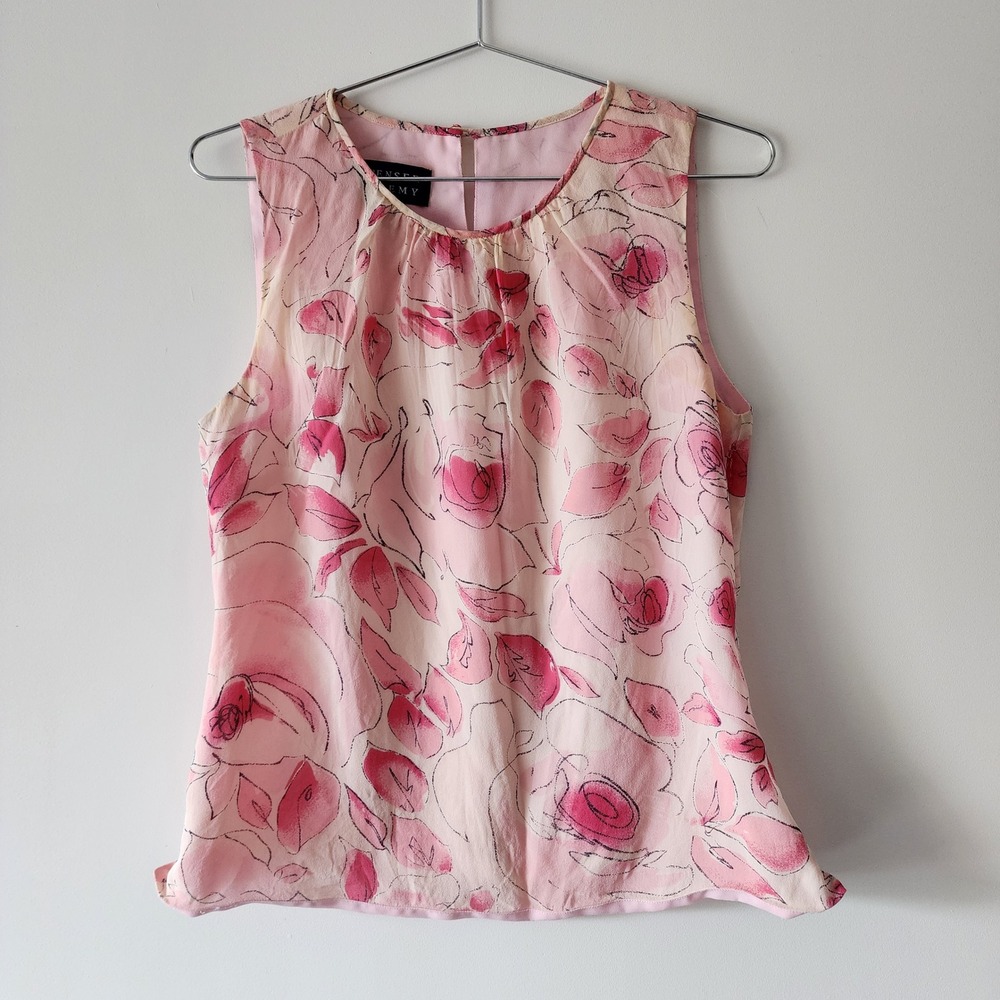 Spenser Jeremy Silk Blouse Women Small Pink Floral Watercolor Romantic Chic